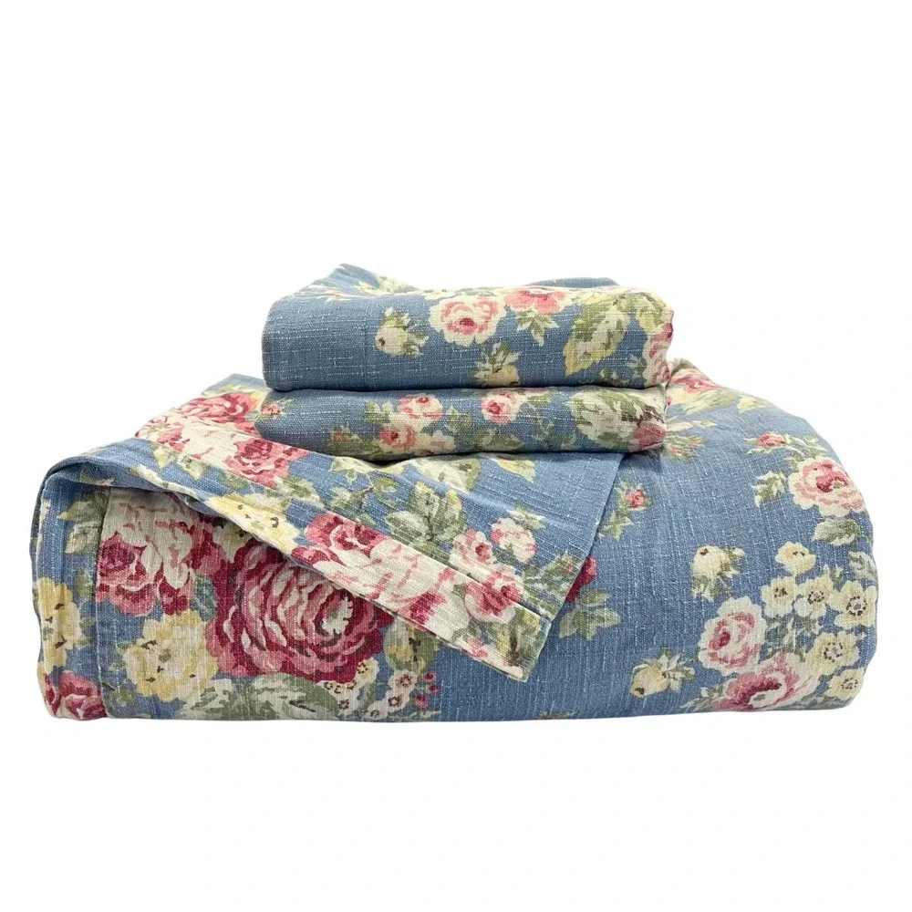 VTG 90s Eddie Bauer Home King Duvet & 2 King Shams Blue Cabbage Rose Cotton